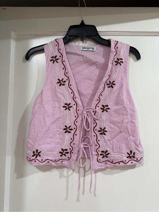 Princess Polly Tops - Princess Polly Light Pink Embroidered Tie-Front Tank